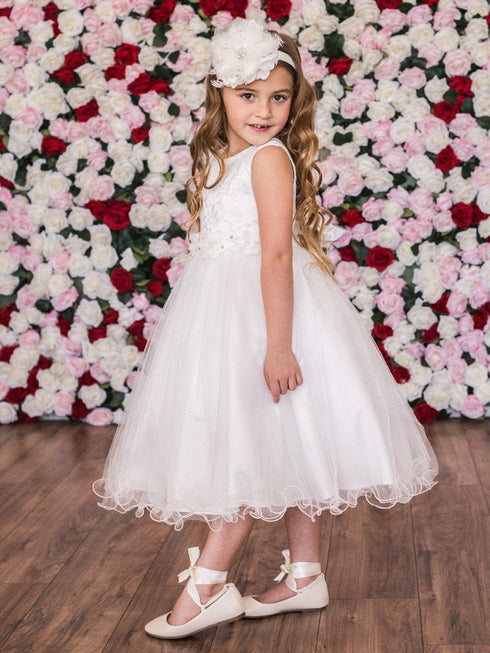 Kids Dream Big Girls Off-White Floral Pearl Rhinestone Communion Dress 8-16 - SophiasStyle.com
